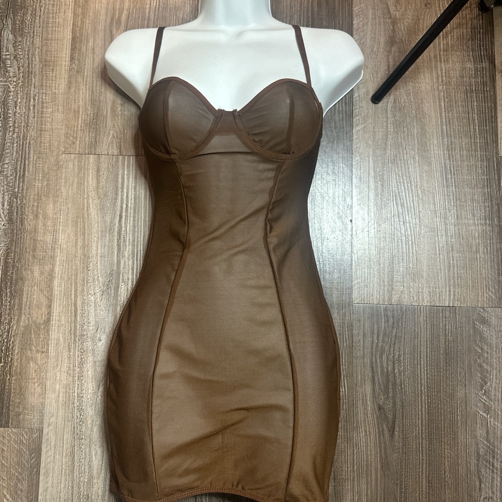 PLT Mesh Brown Bodycon Dress